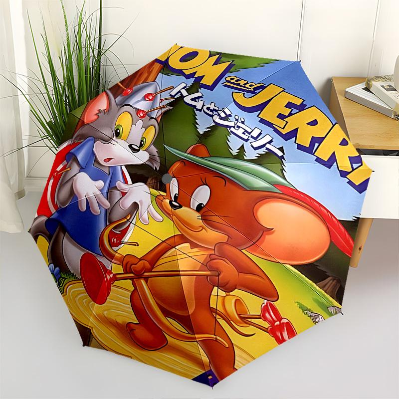 1pc Tom and Jerry Automatic Folding Umbrella - Compact 8-Rib Design, Durable Plastic & Iron1472L