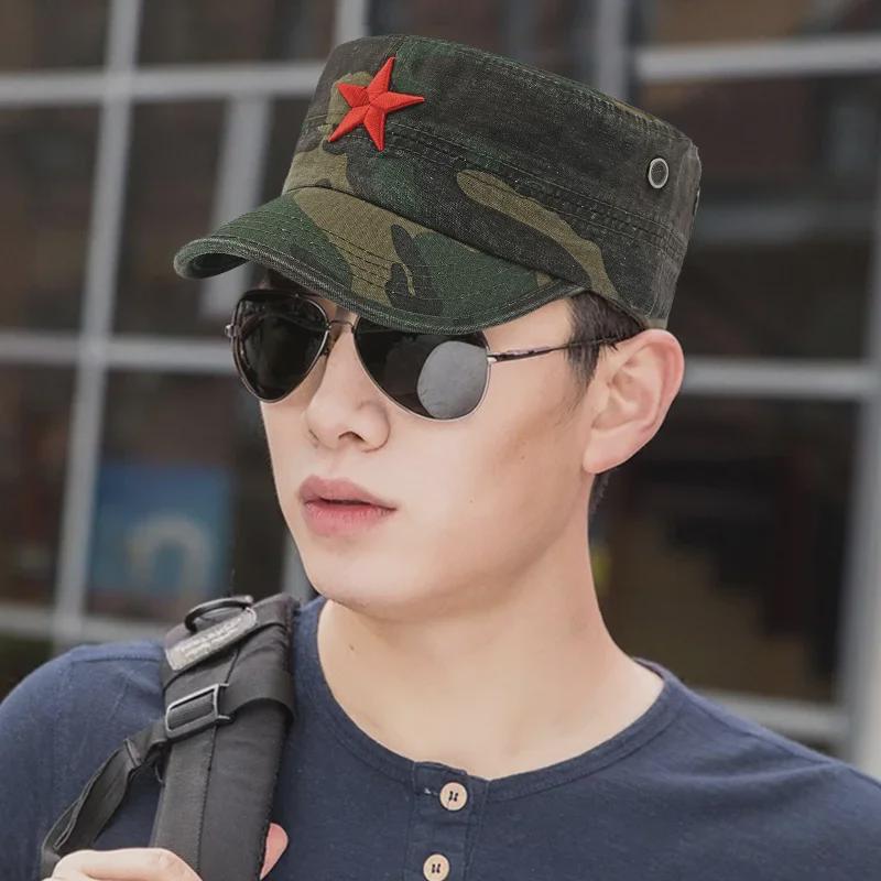 Four Seasons Cotton Camouflage Sun Hat with Star Embroidery - Unisex Flat Top Design