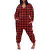 Women's Large Size Loose Casual Printed Long Sleeve V-Neck Pocket Jumpsuit