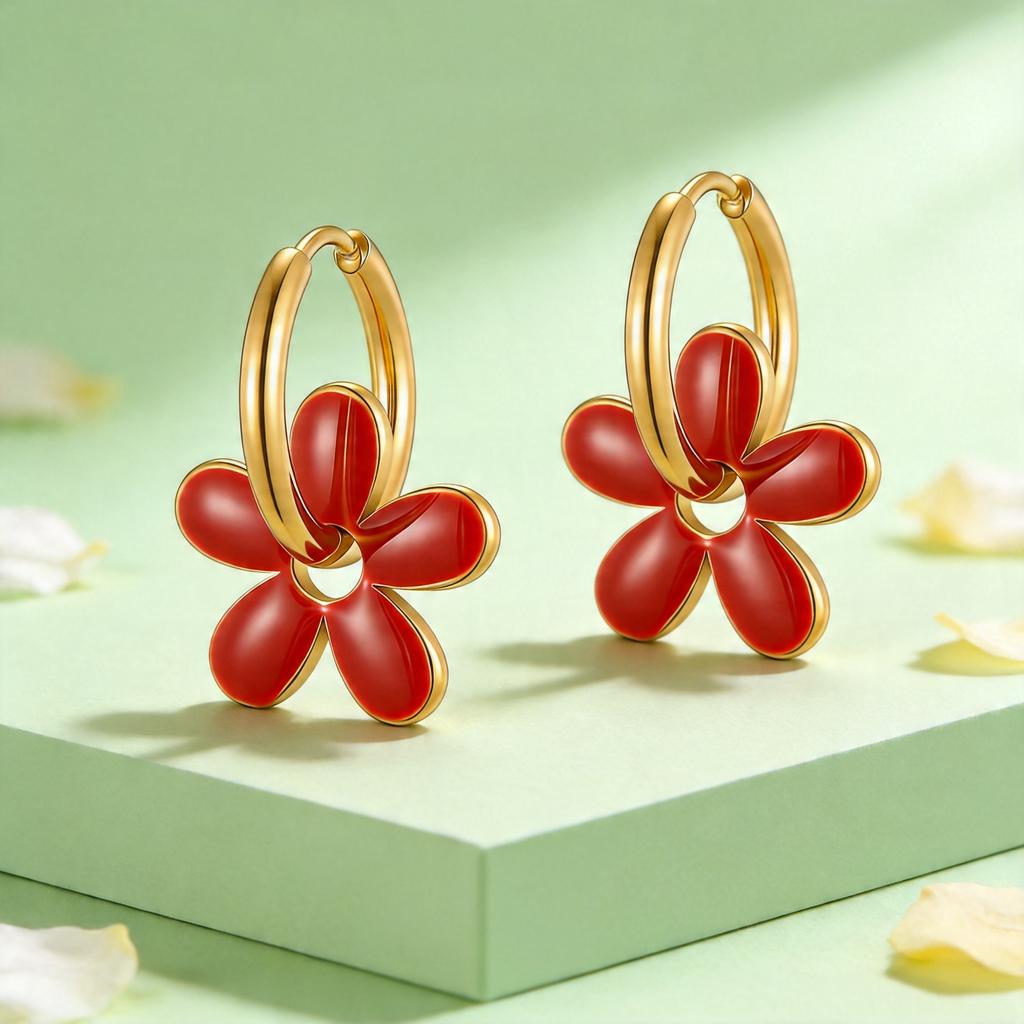 Chic Zircon Flower Hoop Earrings for Women,Gold Plated Stainless Steel Flower Dangle Earrings,Fashion Daily Jewelry Gift