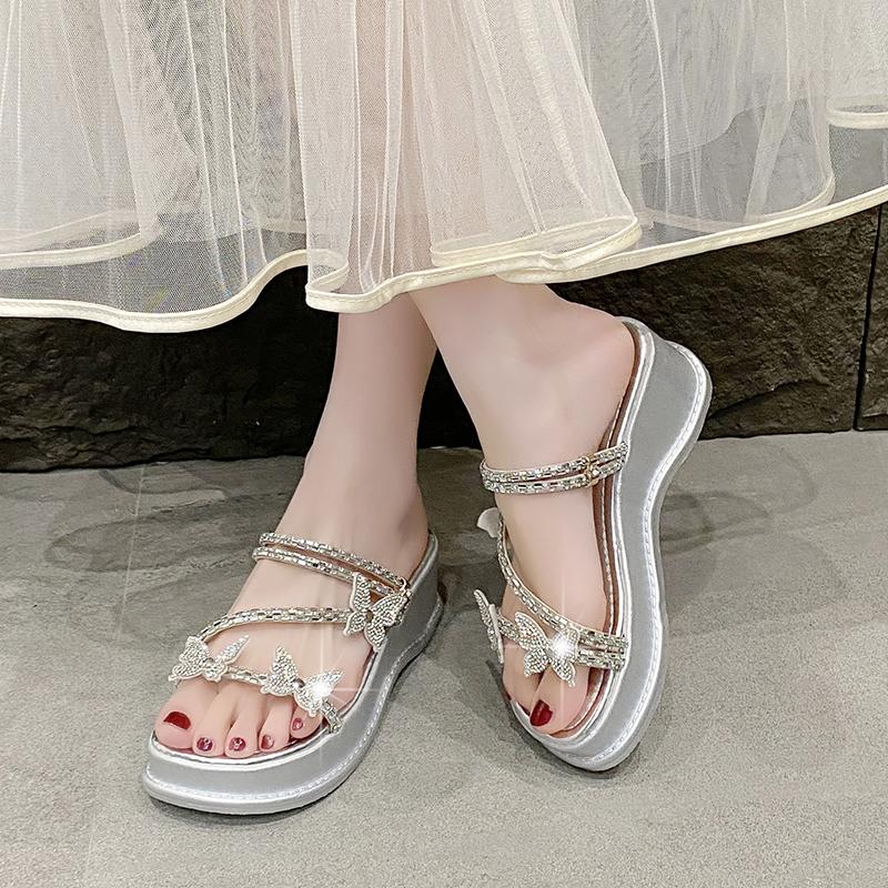 Fashion Ladies Shoes on Sale 2025 Summer Women’s Thick Sole Crystal Butterfly Sandals Round Toe Fashion Beach Outdoor & Classics Shoes