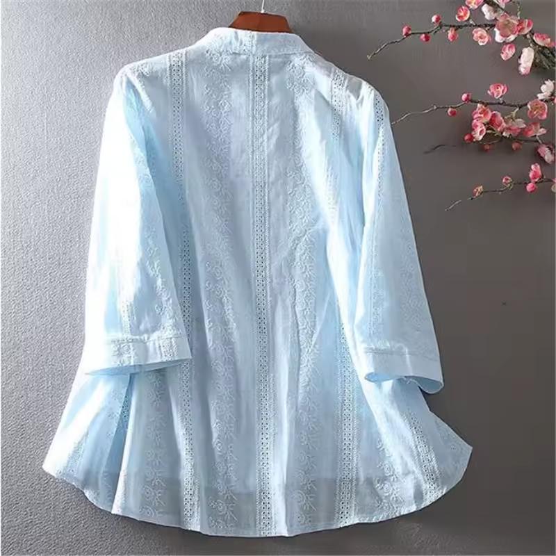 Women's Spring and Summer Artistic Fresh Lace Embroidered Shirt, Front Short, Rear Long, V-neck Pure Cotton Top