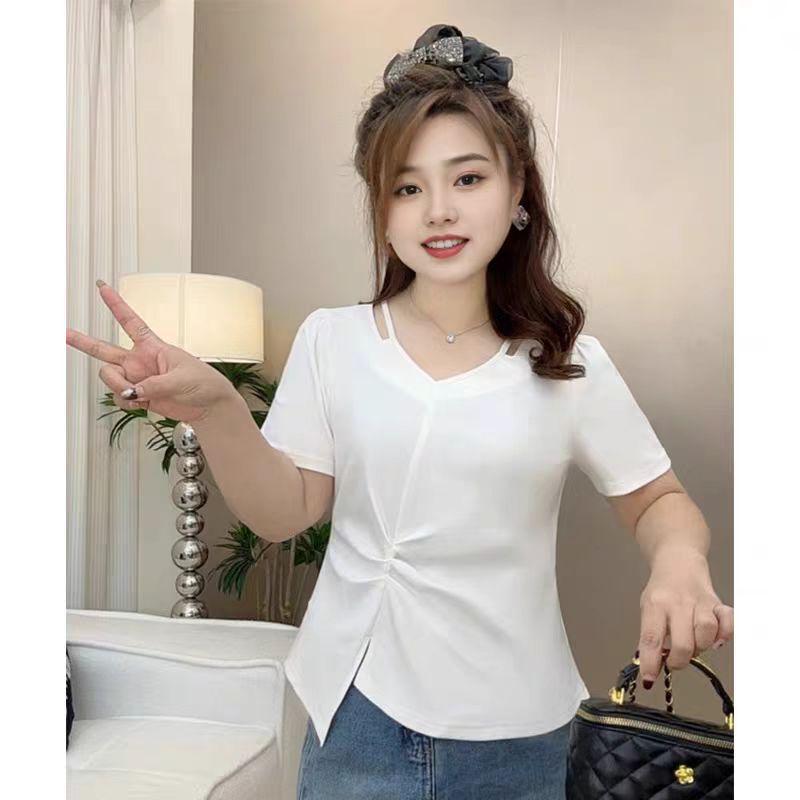 

2025 Summer Blue Ruched V-Neck T-Shirt - Plus Size Slimming Short Sleeve for a Youthful Look Large белый