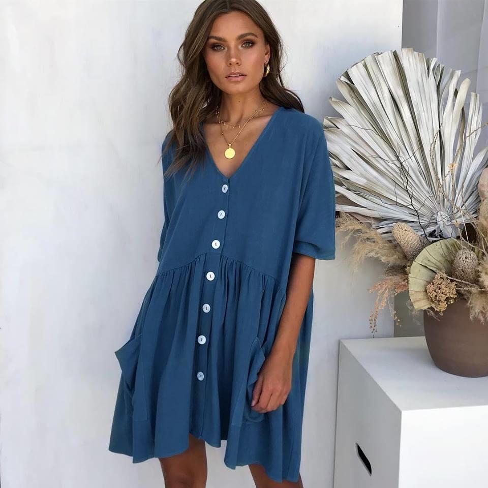 

2025 New Women s Deep Blue V-Neck Dress with Pockets | Short Sleeve Casual Summer Dress | Sizes S to 3XL Plus Size (Spring/Summer Fashion) S темно-синий