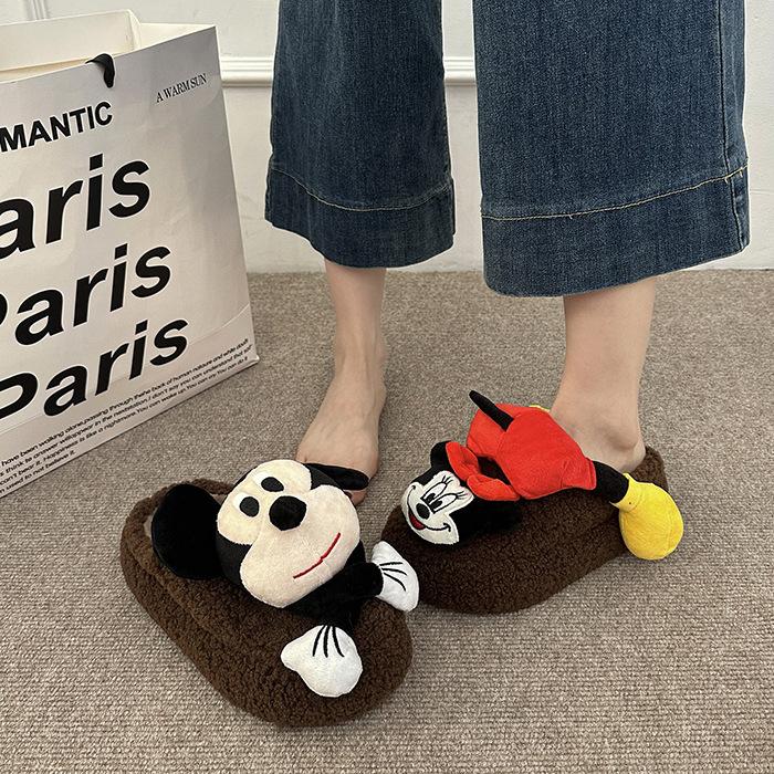 Cartoon Three-dimensional Mickey Cotton Slippers Women's 2025 New Autumn and Winter Indoor Home Warmth Outer Wear Thick-soled Fluffy Slippers