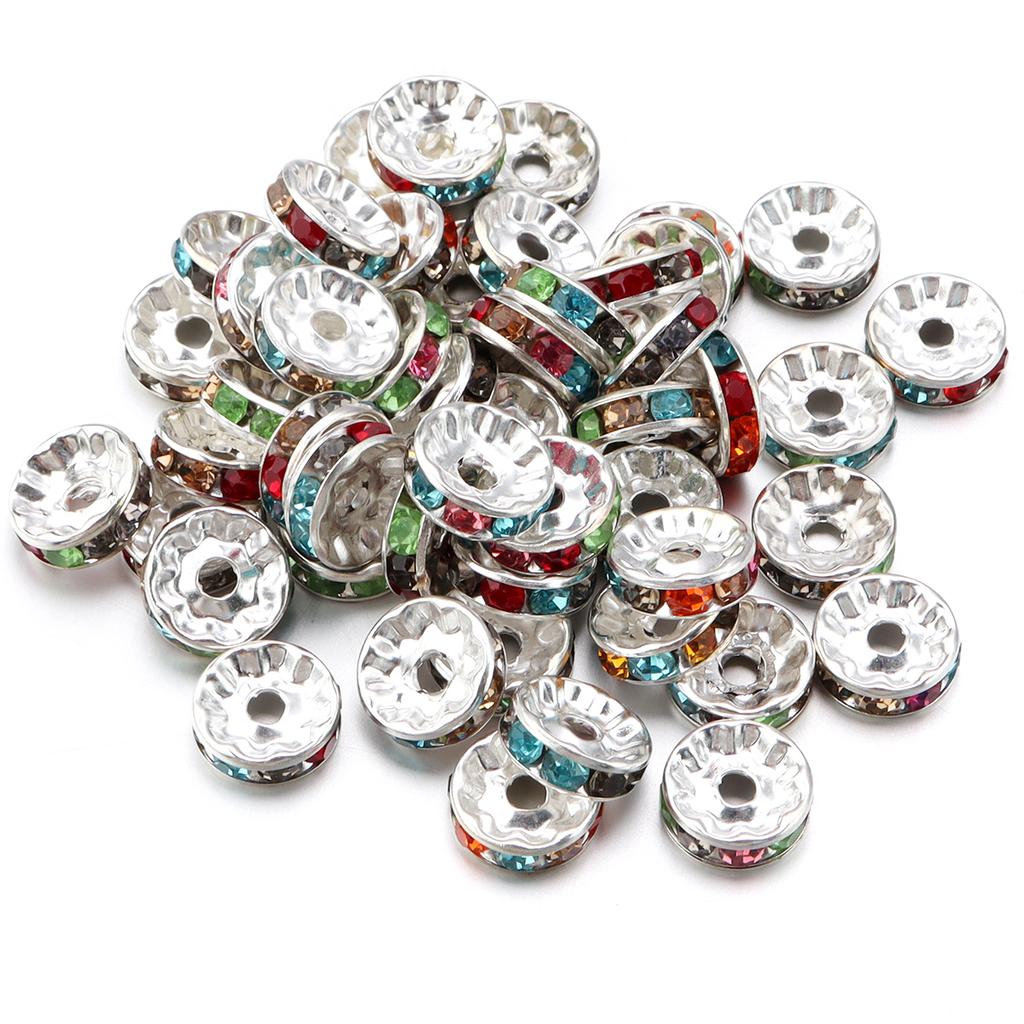 50pcs/lot Colorful Metal Round Rhinestone Rondelle Crystal Beads Loose Spacer Beads For Jewelry Making DIY Bracelet Necklace
