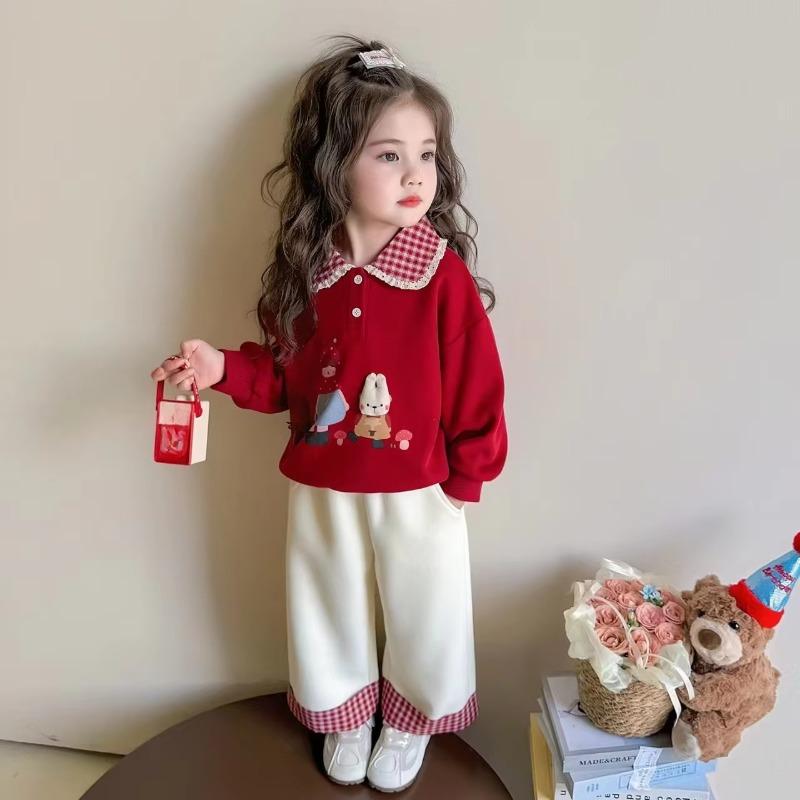 Herbst Kinder Mädchen Kleidung Stickerei Umlegekragen Karierter Sweatshirt Anzüge Locker Gerade Hose Outfits