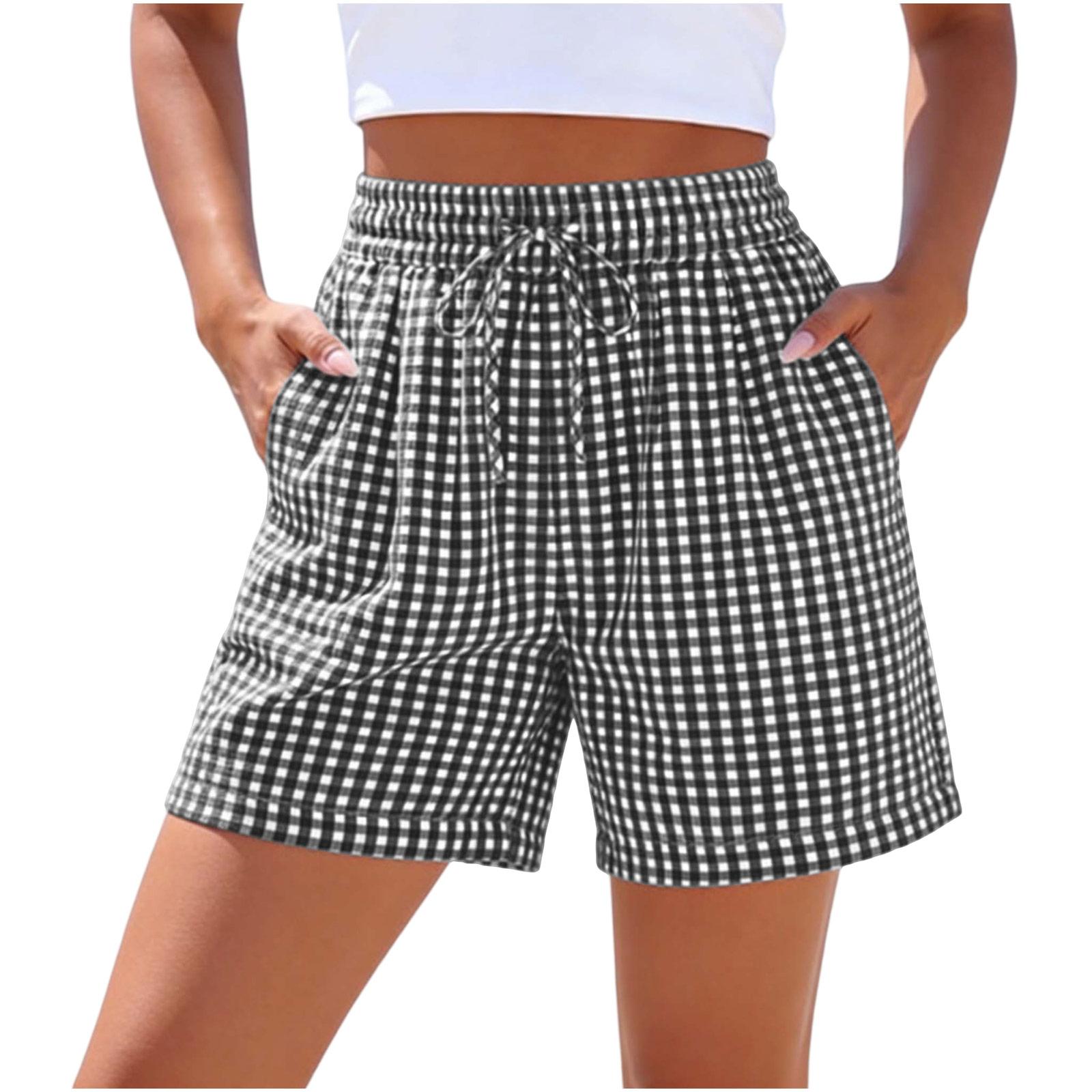

Women s Fashion Casual Loose High-Waisted Wide Leg Retro Plaid Shorts S білий