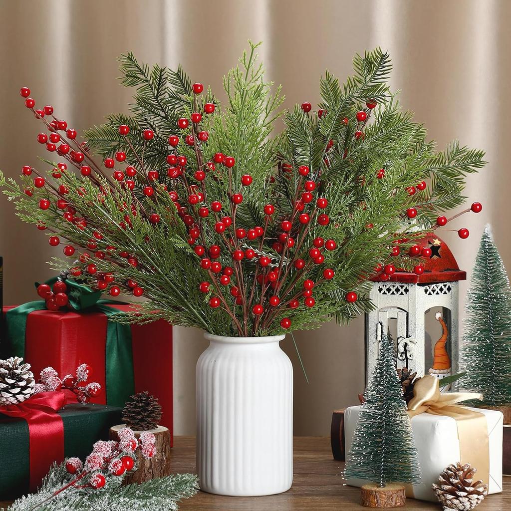 30 Pcs 16 Inch Artificial Christmas Pine Branches with Berries & Pinecones for Tree, Vase, Wreath, Garland DIY