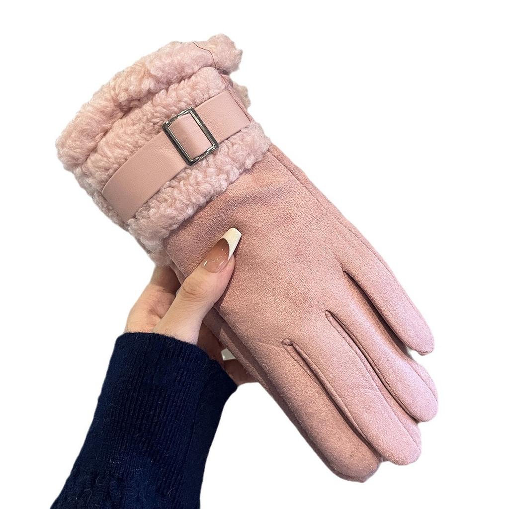 Gloves for Women In Winter Thickened with Velvet Warm for Outdoor Cycling Windproof and Cold Proof Touch Screen Lamb Plush Five Finger