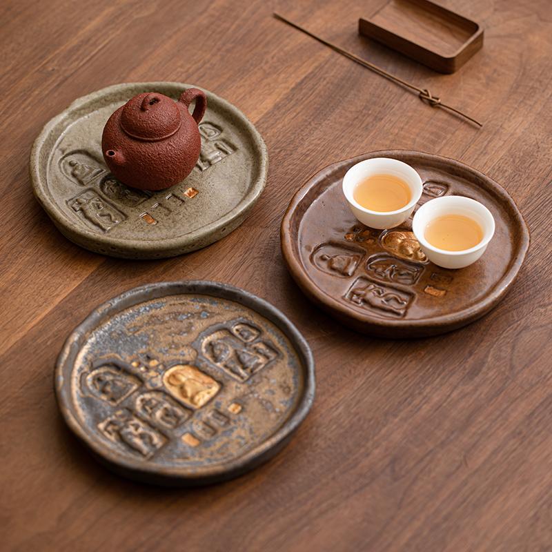 Dunhuang Culture Pot Bearing Pot Dry Brewing Table  Tea Tray Thick Ceramic Cover Bowl Bottom Support Retro Tea Set Accessories