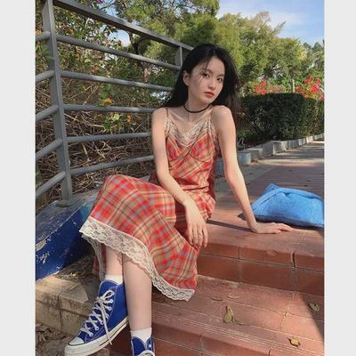 2023 Women's French Retro Lace Plaid Suspender Dress - Summer Mid-Length Trendy Skirt