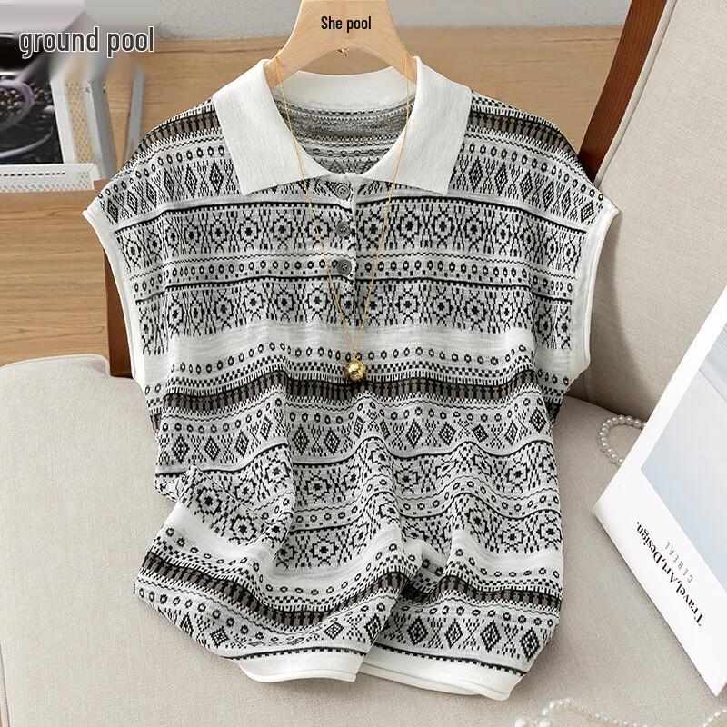 Women s Retro Color-block Striped Lapel Knit Top One Size