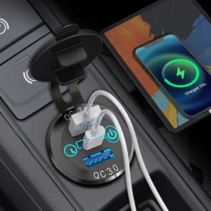 Car USB Charger Socket Metal 60W Car Charger 12V 24V USB Outlet PD USB-C & Two QC3.0 Ports Touch Switch for Boat Marine