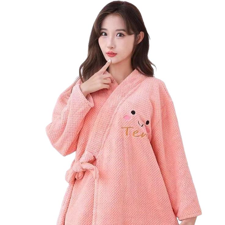 Women's Coral Fleece Bathrobe Set: Long Sleeve Bath Dress and Hair Drying Cap