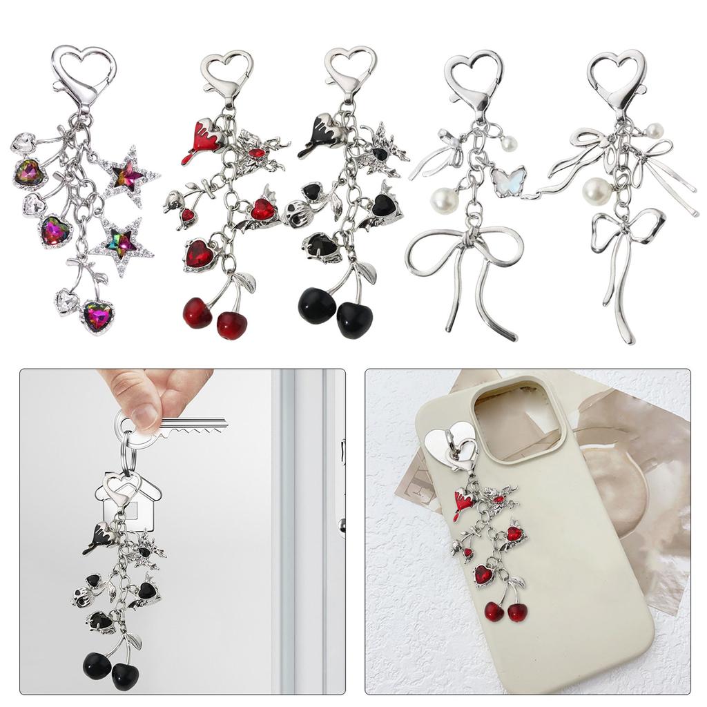 Sparkling 3D Cherry Charm Keychain Accessory Fashionable Bowknot Pearls Key Rings Portable Bag Decoration for Women