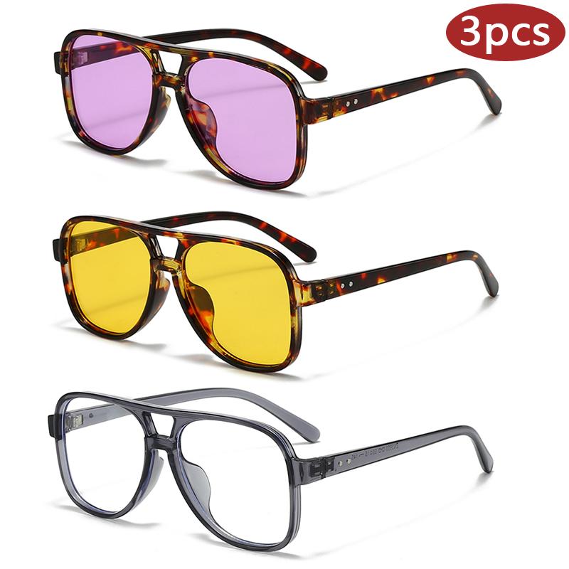 3pcs Retro Double Bridge Oversized Sunglasses Classic Rectangle UV Protection Driving Eyewear  Big Shades ladies Eyewear