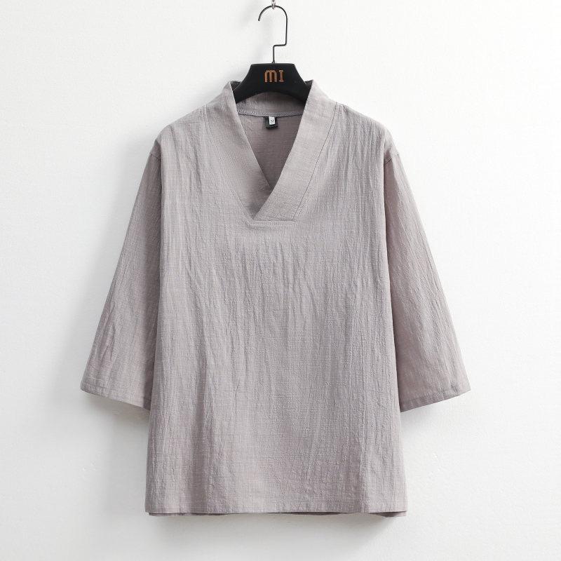 Mens Chinese Style Loose Cotton Linen Two Piece Set V Neck T Shirt Long Pants