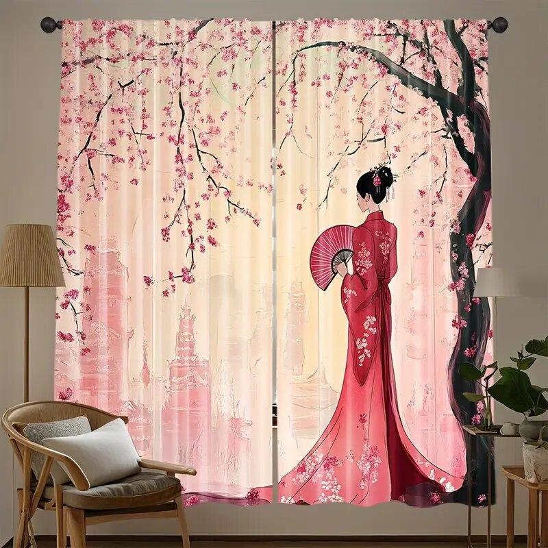 

2 шт. - Картина тушшю японської гейші, штори з принтом Червона слива, штори з кишенею для карниза, прикраса для дому, прикраса для кімнати 14Wx39L(35x100CM)x2&Rod Pocket