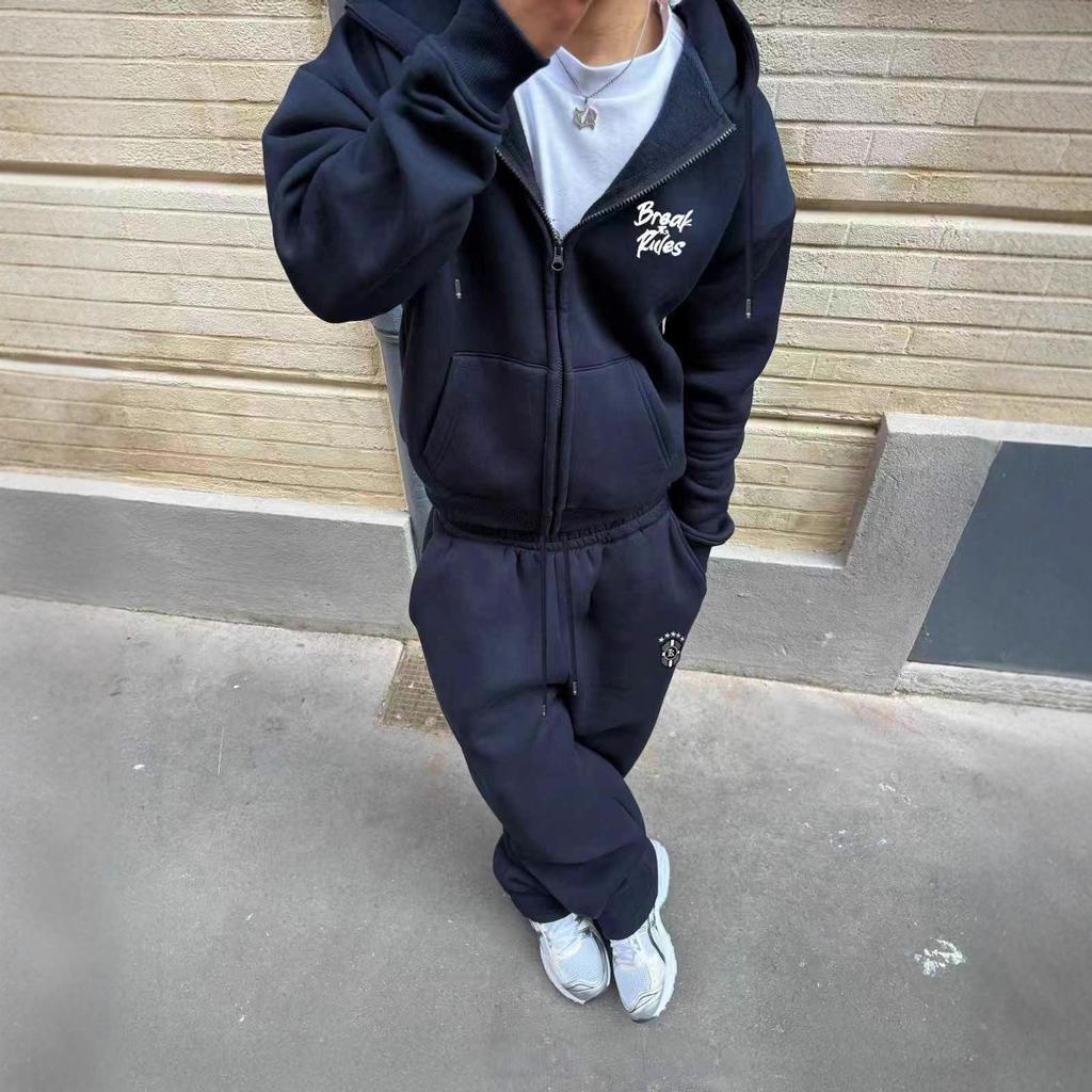 European American Trendy Street Style Graphic Zip-Up Hoodie & Casual Set