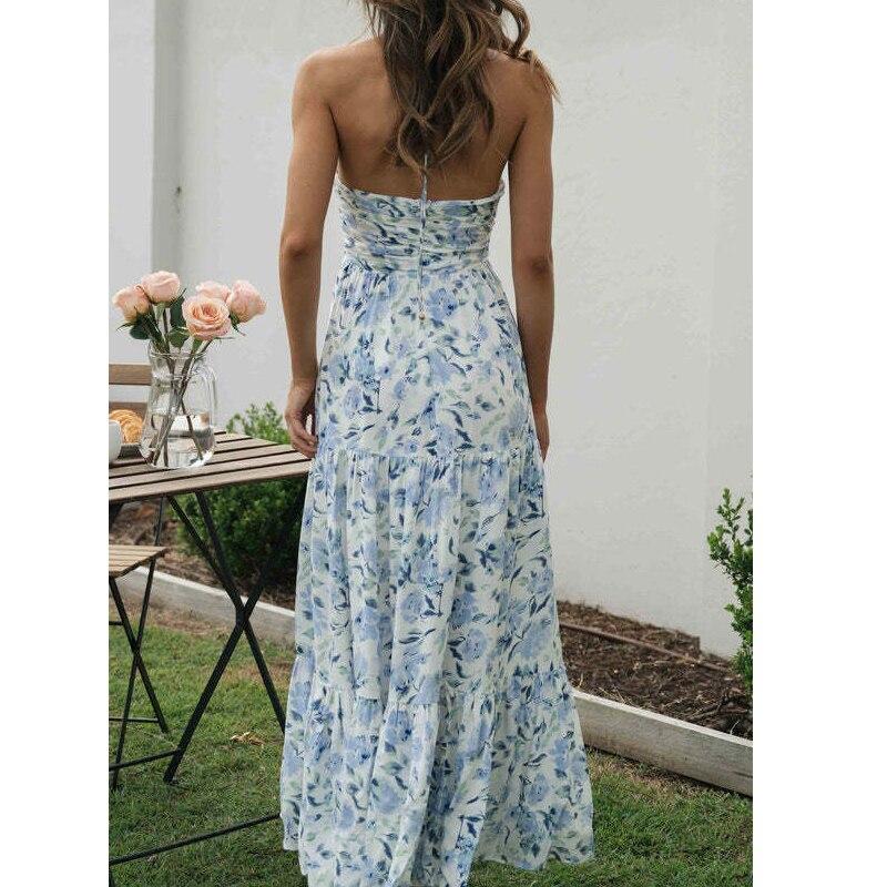 Summer Chiffon V-neck Sleeveless Long Dress For Holiday Sexy Flower Printed High Waist Loose Beach Dress Women Vestidos 25318