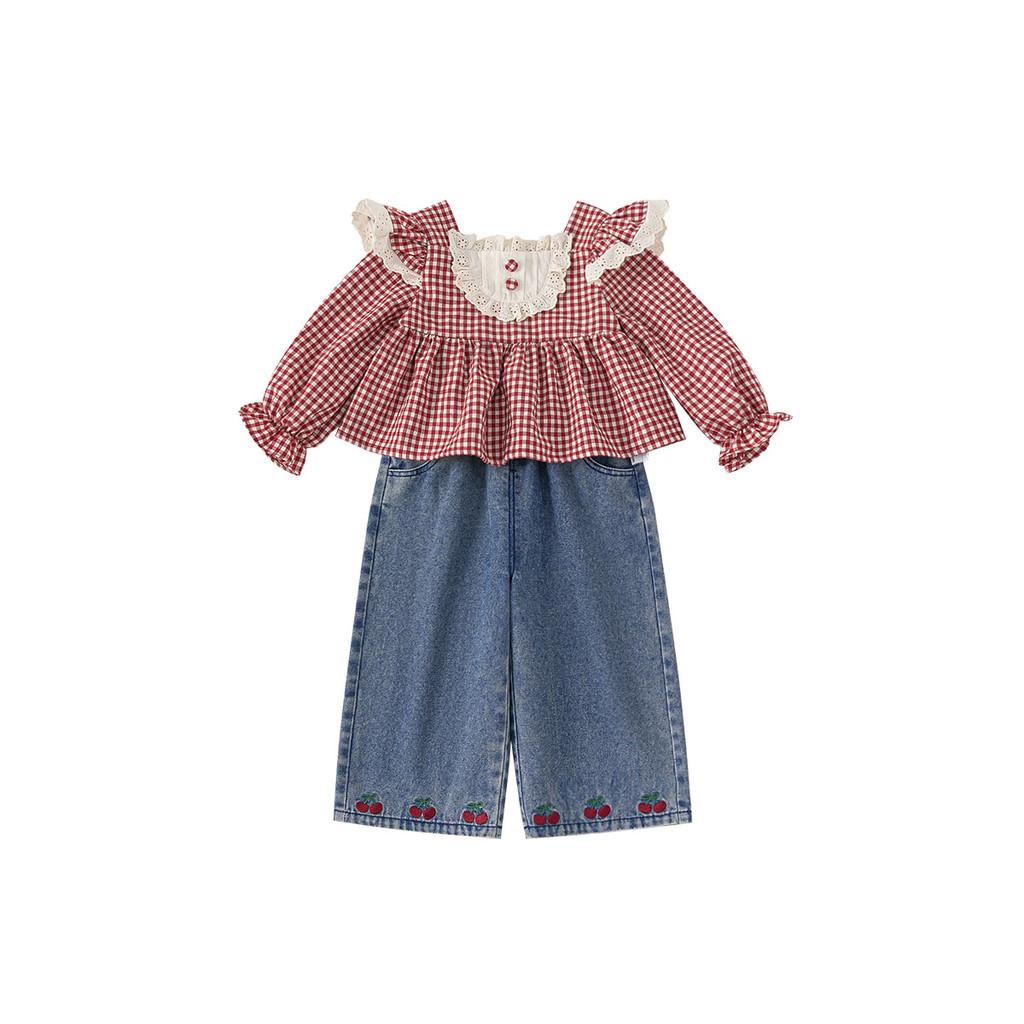 

Girl Korean Style Spring Girl Suit With Embroidered Cherry Cotton For Kids Ages 3 To 8 140CM