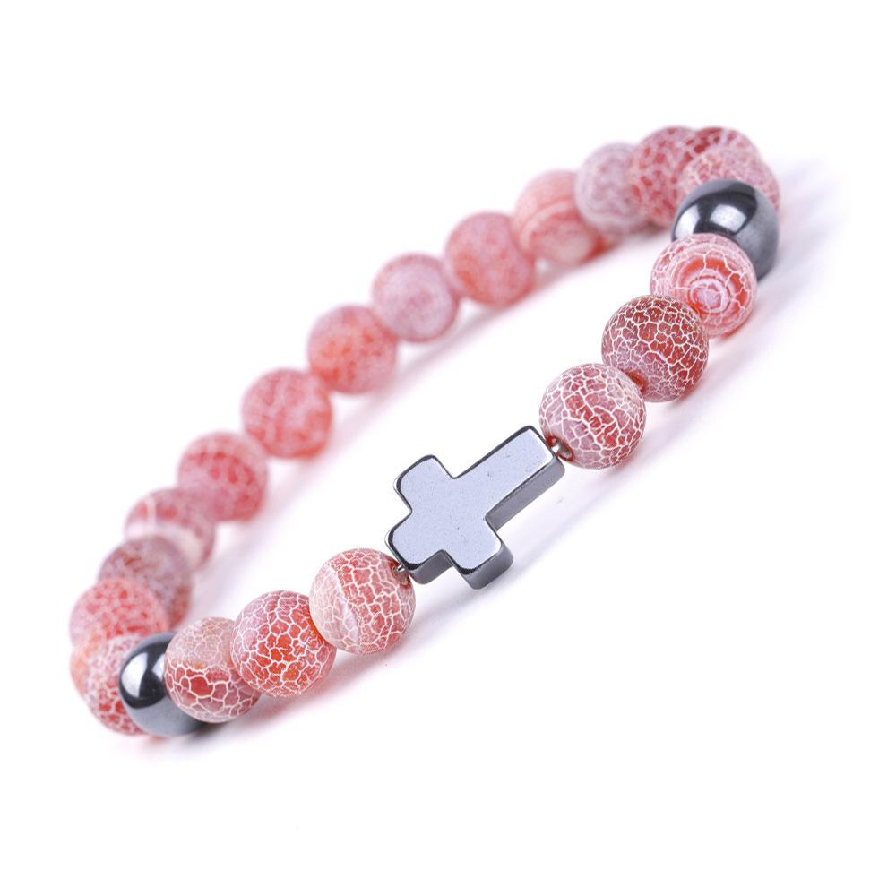 Natural Stone Cross Bracelets Colorful Weathering Agate Cross Elastic Rope Bracelet For Men Women Charm Yoga Jewelry