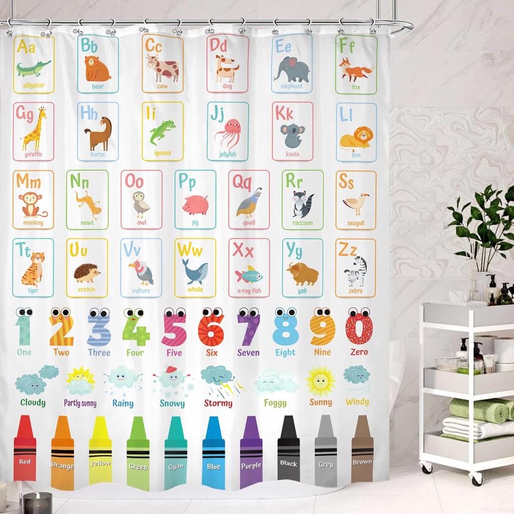 Kids Shower Curtain Cute Cartoon Alphabet ABC Sea Animal Blue Educational Ocean Bathroom Curtain Set Baby Boys Girls BathCurta