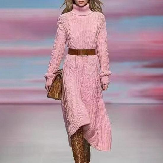 European & American Winter High-Neck Cable Knit Dress - Elegant Sweater Base Layer Long Skirt for Women