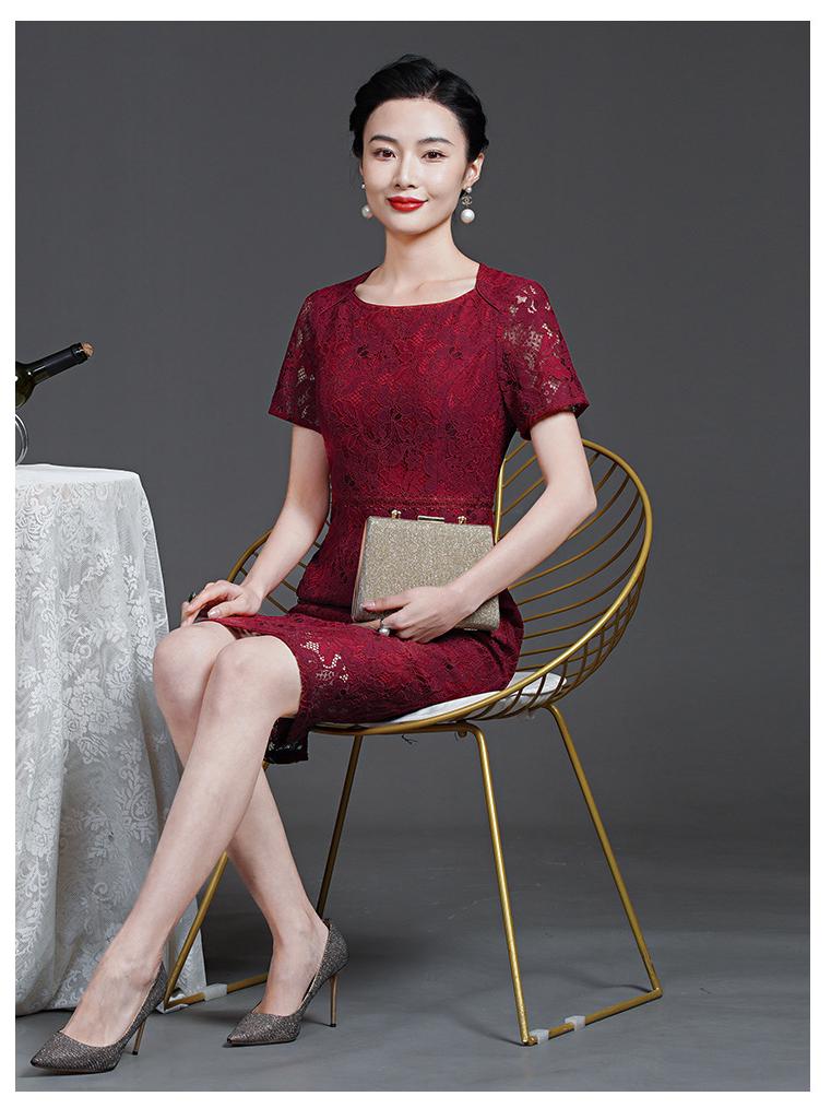 Summer 2023 Wine Red Lace Dress with Seven-Sleeve for Elegant Young Mothers