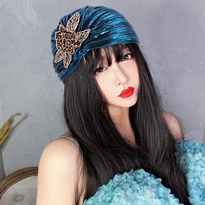 Fashionable Diamond Studded Flower Decorated Hat with Western Style Women's Handbag Headscarf Hair Cover Headband Fashion Hat