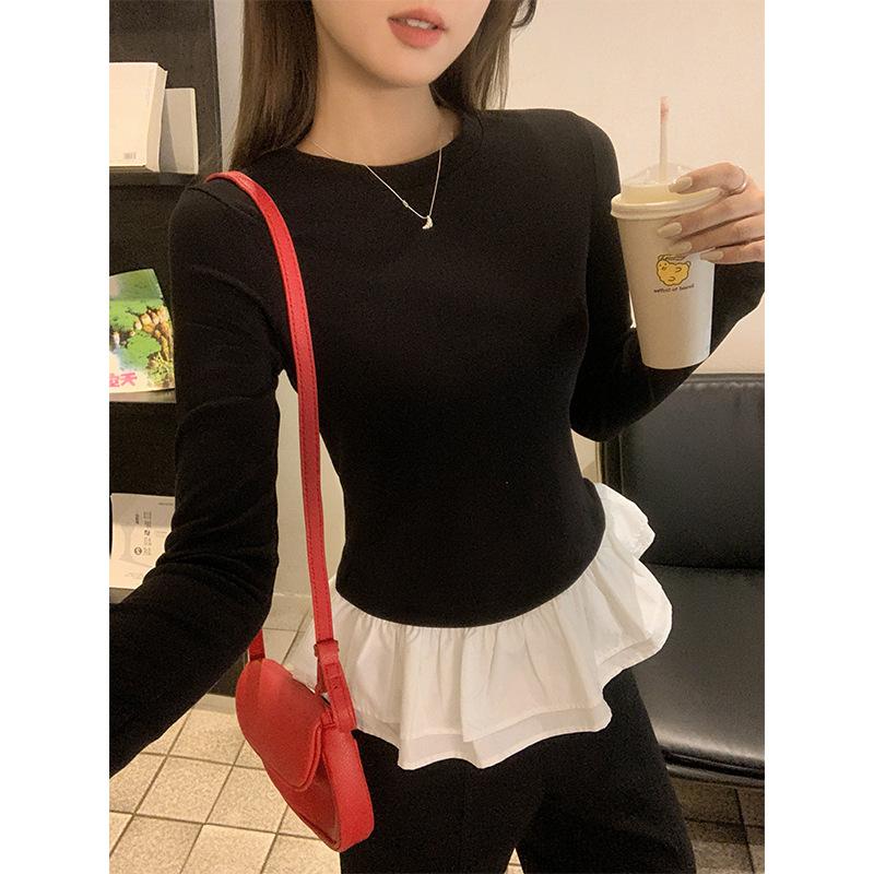 Korean Design Fake Two-piece Ruffled Long-sleeved Bottoming Shirt for Women In Autumn and Winter Brushed Plus Velvet Thickened Warm Top