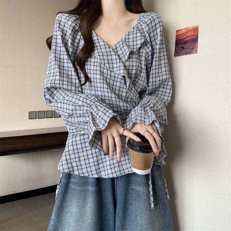 Lace Up Checkered Famale Shirt Korean Style Casual V-neck Ladies Long Sleeved Shirts Autumn New Trendy Daily Commuting Women's Blouse
