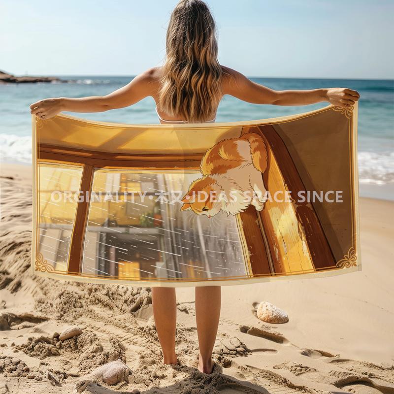 Cozy Rainy Cat Scene Beach Towel Patterned Sunscreen And Windproof Suitable For Swimming Pool Camping Travel Blanket