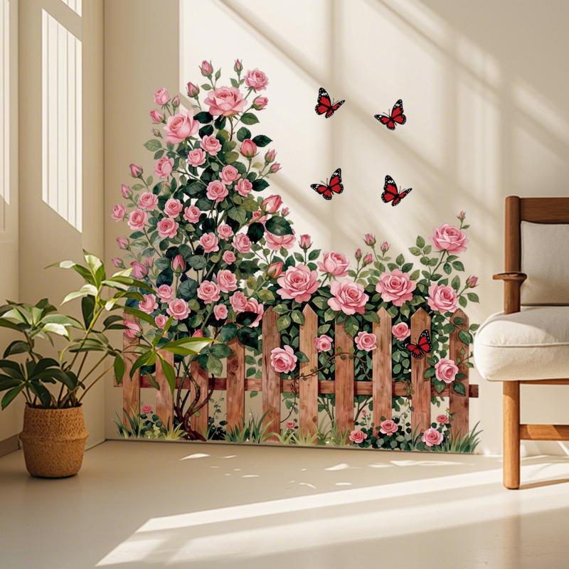 Romantic Rose Wall Decals, Rose Vine Fence Floral Stickers Wall Art Murals, Peel And Stick Self-Adhesive Stickers For Girls Bed
