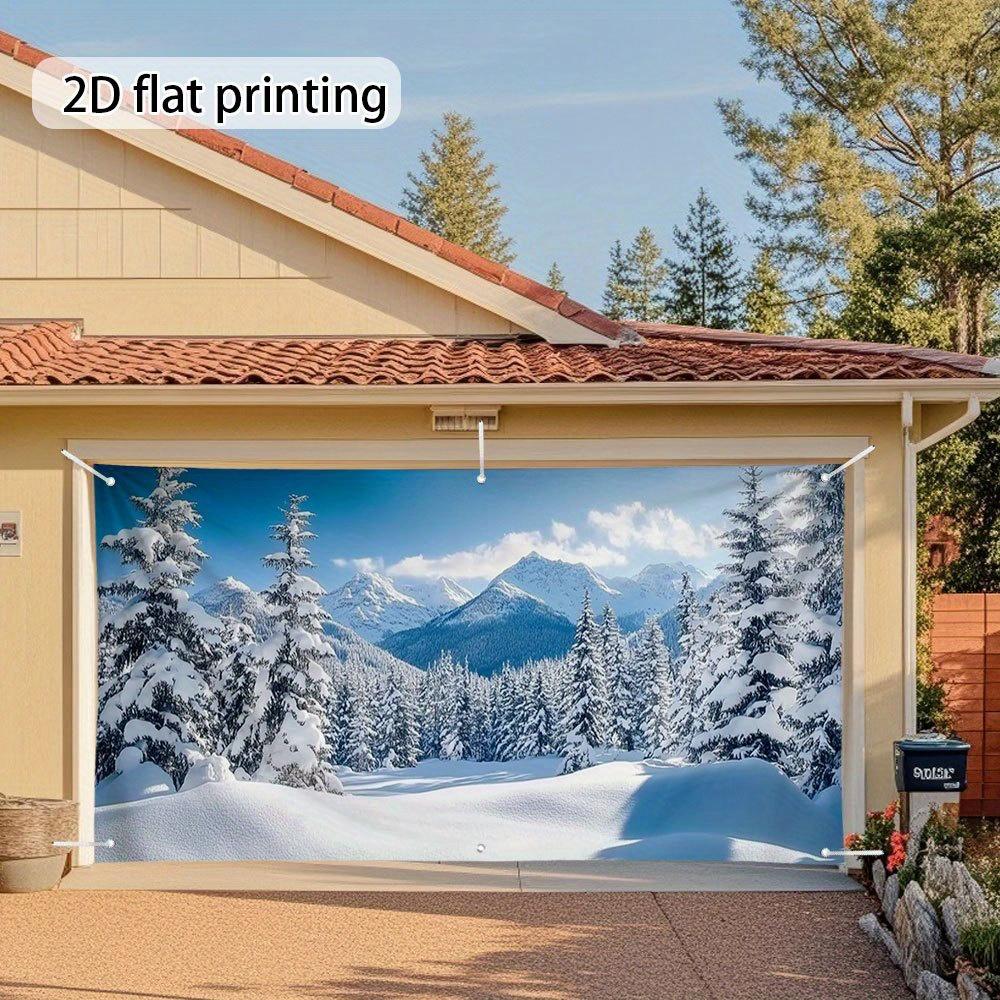 2D Flat 1pc Snow Mountain Winter Landscape Garage Door Banner -snow-covered Pine Trees and Blue Sky Scenes, Parties and Holidays