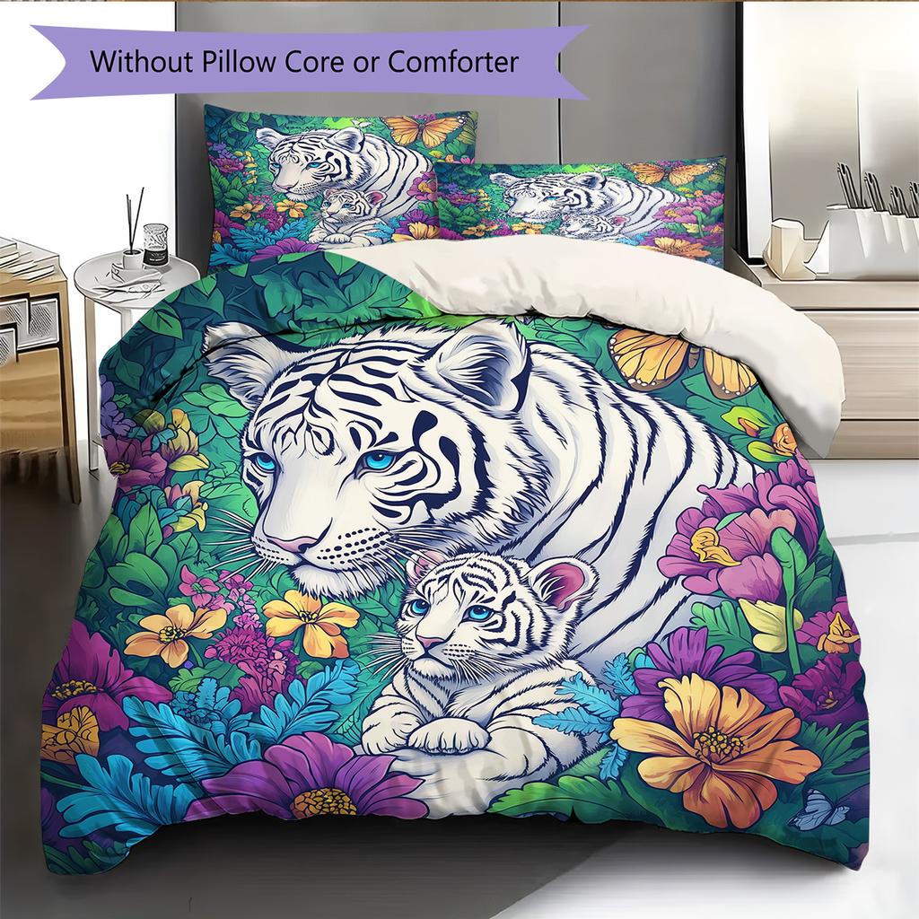 Two Tigers Pattern Bedding Quilt Set Home Decoration Gift (1 * duvet cover + 2 * pillowcase, without core)