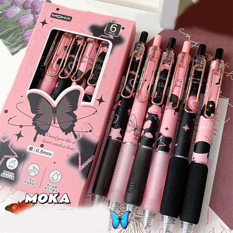 6Pcs Butterfly Gel Pen 0.5MM Tip Quick Dry Ergonomic Grip Retractable Gel Pen Office Supplies for Writing Journaling