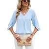 Women's V Neck 3/4 Split Sleeve Blouse Loose Fit Front Pleated Detail Casual Solid Chiffon Top