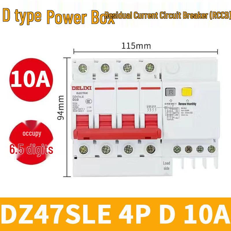 DELIXI DZ47SLE 3-Phase 4-Wire Air Switch with Leakage Protection (Type D, 4-Pole Circuit Breaker)