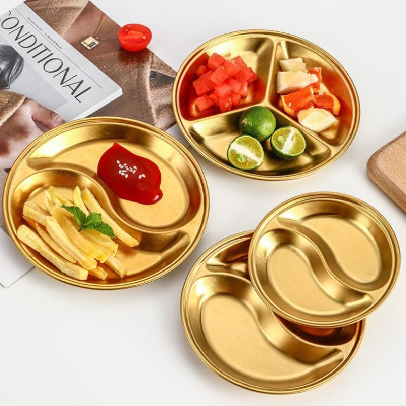 Stainless Steel Circular Divided Plate Sauce Dish Food Sauce Dish For Roast Meat Dipping Household Seasoning Snack Plate Kitchen