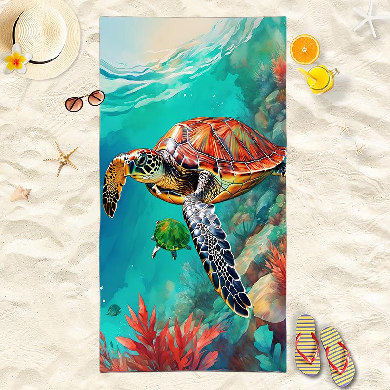 Colorful Coral Reef Sea Turtle Beach Towel, Tropical Fish Print Quick-Dry Towel