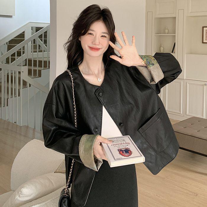 

Женская двусторонняя куртка из черной искусственной кожи 2025 года - Сладкий крутой весенне-осенний уличный стиль S (Below 96 jin)