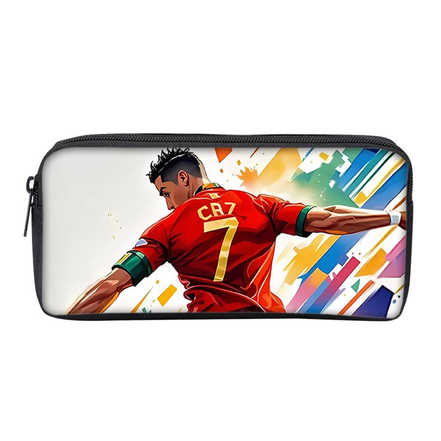 Black Football Star CR7 Pattern Pencil Bag with Zipper Canvas Fabric Stationery Organizer for Schools and Offices