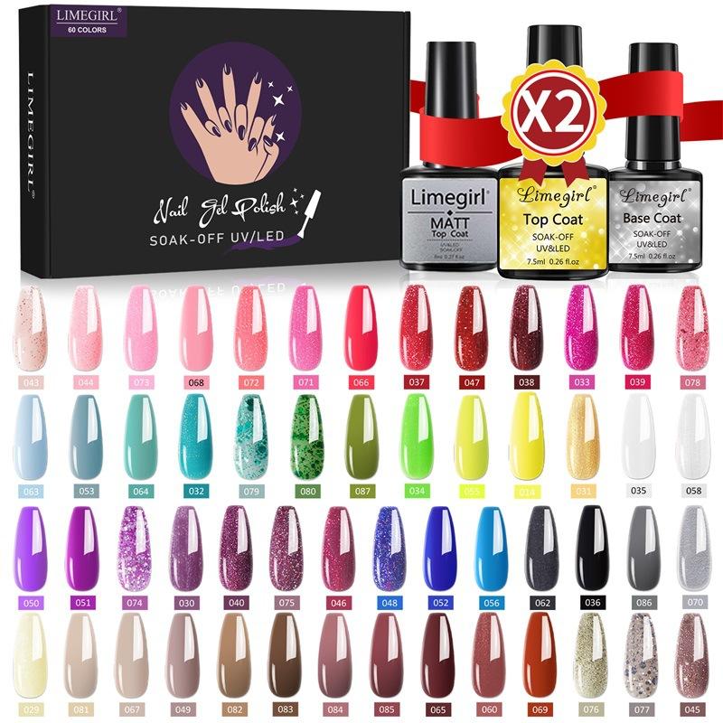 60 Colors Gel Nail Polish Kit Functional Gel Manicure Set Matte Top Coat Base Coat High Gloss Long-Lasting Nail Art Set