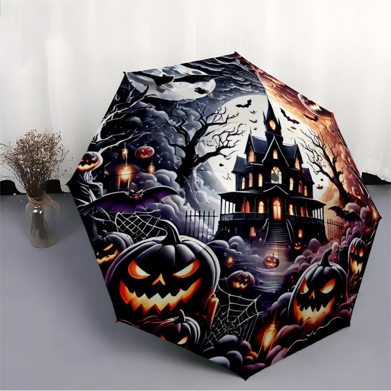 1pc Halloween Haunted Castle Auto Folding Umbrella, Sturdy And Durable Automatic Folding Umbrella with 8 Ribs, Convenient for Outdoor Use139