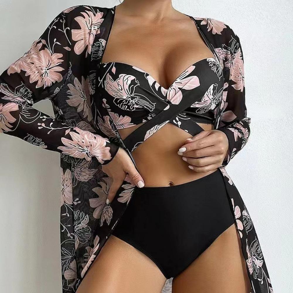 European and American Bikini Sexy Push Up Mesh Three-Piece Printed Split Swimsuit