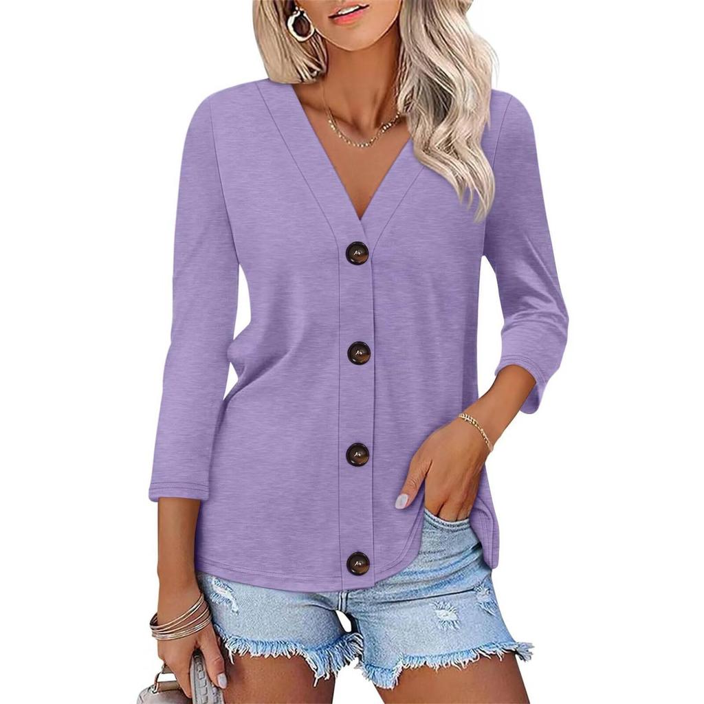 Women's Fashion Casual Solid Color Button-down Shirt 3/4 Long Sleeve Tops