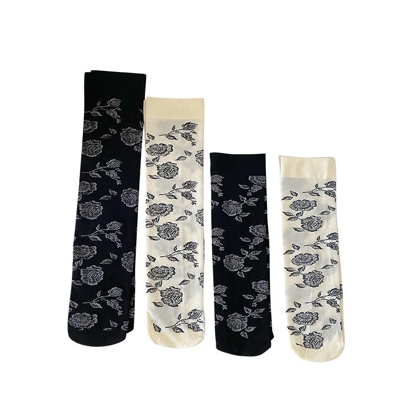 Ladies Spring and Summer Thin Style Retro Dark Rose Flower Calf Socks