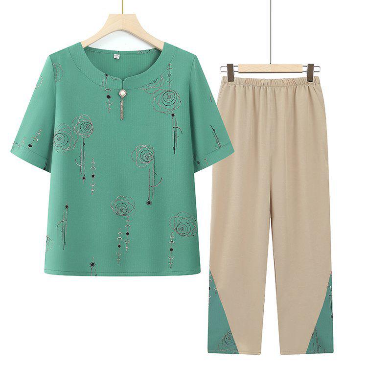 

Summer Outfit Set for Seniors: Grandma s Two-Piece for Moms & Dads 6XL (160-170 lbs) зелений